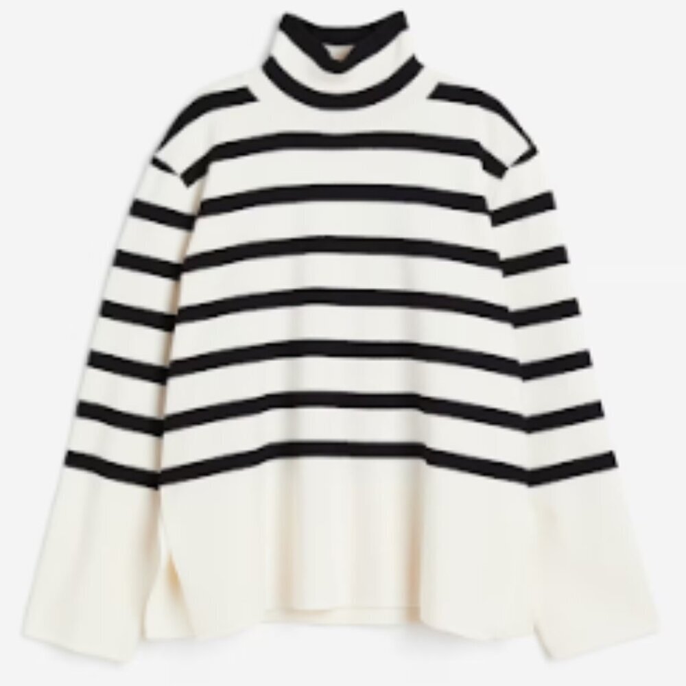 H&M Black and Cream Striped Relaxed Fit Mock Turtleneck Sweater Size M‎